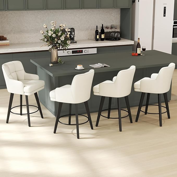 360°Swivel Counter Height Bar Stools with Back, 26 inch Solid Wood Legs, Bar Stool Modern Kitchen Island Chairs, Faux Leather (Beige- Faux Leather, 26" H- Set of 3)