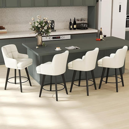 360°Swivel Counter Height Bar Stools with Back, 26 inch Solid Wood Legs, Bar Stool Modern Kitchen Island Chairs, Faux Leather (Beige- Faux Leather, 26" H- Set of 6)
