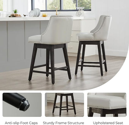 CHITA Counter Height Swivel Bar Stools Set of 2, FSC Certified Upholstered Counter Stools, Modern Swivel Barstools with Wood Legs for Kitchen Island, 26" Seat Height, Faux Leather in Creamy Grey