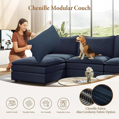 Vesgantti Large Modular Sectional Sofa, Big Comfy Cloud Couch with Ottoman Deep Seat Chenille Cloud Sofa, 8 Seater Large Sectional Couches for Living Room, Bedroom and Apartment, Blue