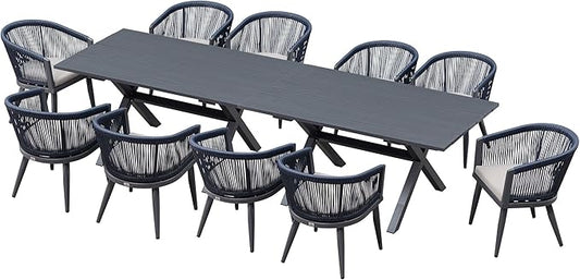 PURPLE LEAF Outdoor Dining Set for 10 All-Weather 12 Pieces Patio Aluminium Dining Large Table and Rope Weave Chairs Included Cushions for Backyard Indoor Modern Patio Furniture Set Gray and Navy