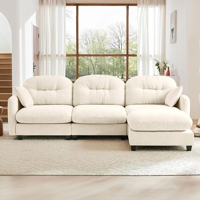 107" L Shaped Sofa for Living Room, Comfy Chenille Fabric Cloud Sectional Couch, Modern Upholstered Deep Seat Sofa with Pillow and Movable Ottoman, Oversized 3 Seater Sectional Sofa, Beige