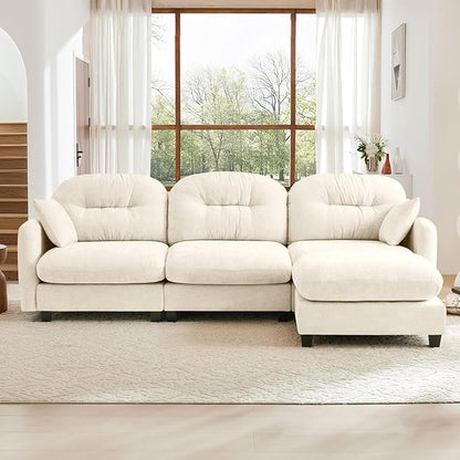 107" L Shaped Sofa for Living Room, Comfy Chenille Fabric Cloud Sectional Couch, Modern Upholstered Deep Seat Sofa with Pillow and Movable Ottoman, Oversized 3 Seater Sectional Sofa, Beige