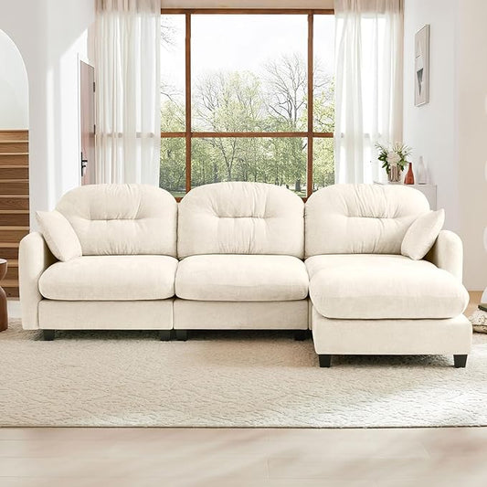 107" L Shaped Sofa for Living Room, Comfy Chenille Fabric Cloud Sectional Couch, Modern Upholstered Deep Seat Sofa with Pillow and Movable Ottoman, Oversized 3 Seater Sectional Sofa, Beige