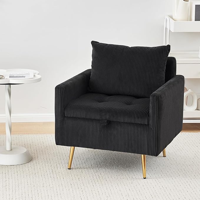 Furnimart 3-Seater Storage Sofa and Couch, Corduroy Loveseat with Accent Single Chair, Small Living Room Furniture Set for Apartment, Tiny Homes and Lofts, 2PC-Black