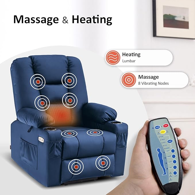 MCombo Power Lift Recliner Chair for Elderly, Lift Chair with Heat and Massage, USB Ports, Cup Holders, Faux Leather 7519 (Medium, Navy Blue)