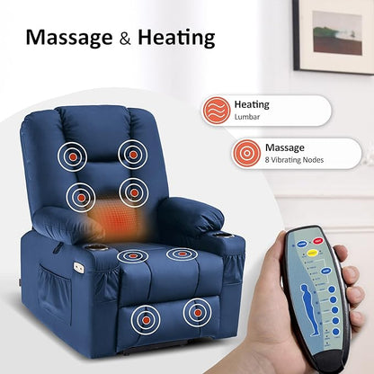 MCombo Power Lift Recliner Chair for Elderly, Lift Chair with Heat and Massage, USB Ports, Cup Holders, Faux Leather 7519 (Medium, Navy Blue)