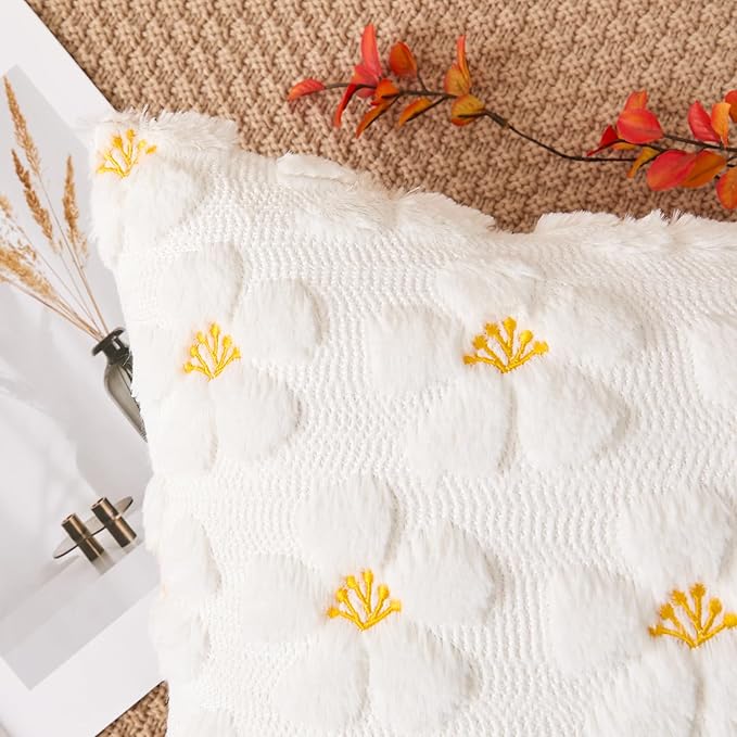 Kevin Textile Fall Floral Pillow Covers 18x18 Inch Set of 2 Cute Flowers Embroidery Decor Soft Plush Faux Fur Throw Pillows Pillowcases for Holiday Harvest Decor Sofa Couch Bedroom, Cream White
