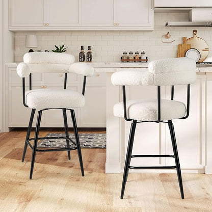 COSTWAY Counter Height Bar Stools Set of 4, 27" Swivel Modern Upholstered Counter Chairs with Boucle Fabric, Curved Backrests & Metal Legs, for Kitchen Island, Home, Pub (4, White + Black)