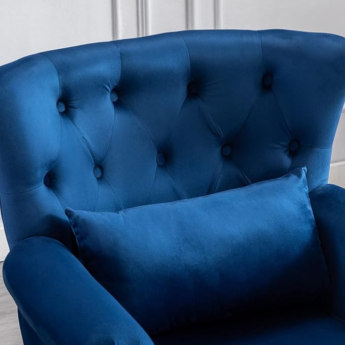 Accent Reading Arm Chairs with Ottoman Set of 2 for Living Room Bedroom, Midcentury Modern Corner Sofa Chair, Wingback Waiting Room Club Chair with Tufted Back &Lumbar Pillow, Velvet Blue