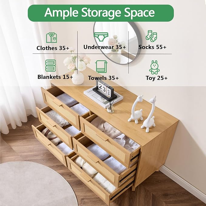 6 Drawer Dresser for Bedroom, Modern Wooden Chest of Drawers with Metal Handles, Anti-Tipping Design, Sturdy and Stable Storage Organizer for Living Room, TV Stand,Natural Oak