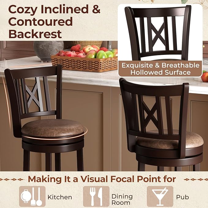 COSTWAY Bar Stools Set of 2, 26” Swivel Bar Chairs with Footrest, Rubber Wood Frame & Hollowed Backrest, Leathaire Counter Height Stools, Padded Counter Stools for Kitchen Island & Pub (2, 26'')