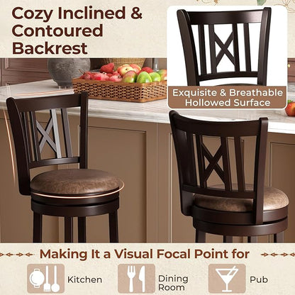 COSTWAY Bar Stools Set of 2, 26” Swivel Bar Chairs with Footrest, Rubber Wood Frame & Hollowed Backrest, Leathaire Counter Height Stools, Padded Counter Stools for Kitchen Island & Pub (2, 26'')