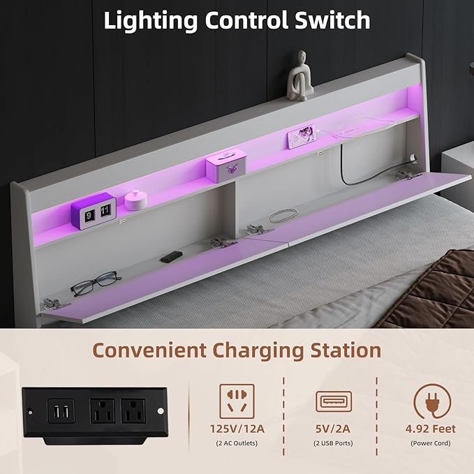 Modern Wooden Headboard Only with Storage,Wall Mount Bed Backboard with LED Light Power Outlets 2 USB Ports for Bedroom (White, King)