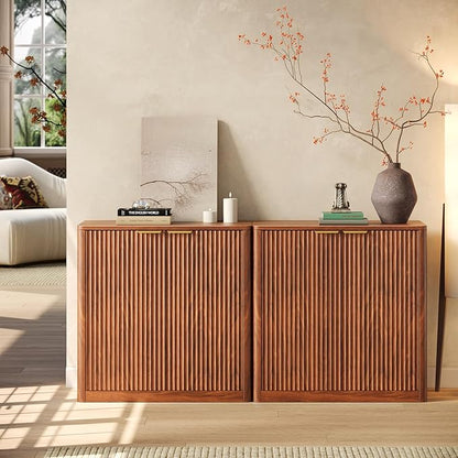 Evermagin 63" Walnut Buffet Cabinet with Storage, Large Sideboard Cabinet, Mid Century Modern Accent Credenza, Fluted Console Table with Doors for Dining Room, Kitchen, and Living Room