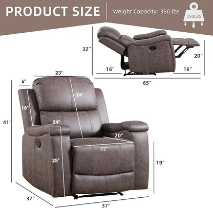 Leather Recliner Chair, Manual Recliner Chair for Adults with Overstuffed Arms and Back, Single Sofa Recliner with Cup Holders for Living Room Set of 2, Grey