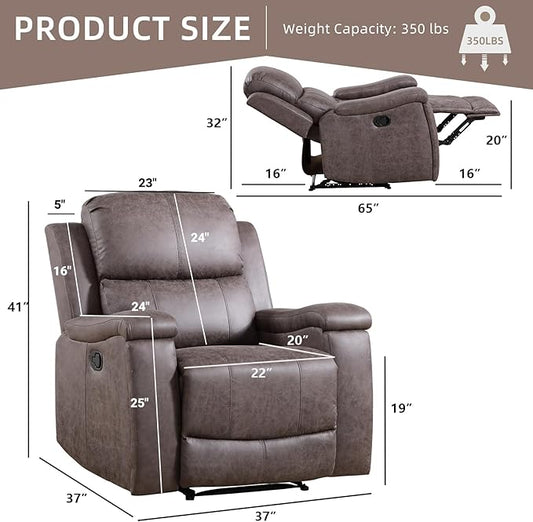 Leather Recliner Chair, Manual Recliner Chair for Adults with Overstuffed Arms and Back, Single Sofa Recliner with Cup Holders for Living Room Set of 2, Grey
