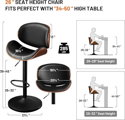 Furniliving Adjustable Bar Stools Set of 2, Swivel Bentwood Barstools Counter Height Bar Stools, Ergonomic Modern Bar Stools with Back Upholstered Barstools for Dining Room, Kitchen, Bar, Black, PU