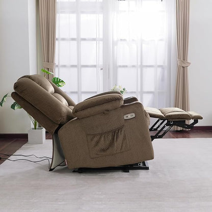 MCombo Oversized Power Lift Recliner Chair Sofa with Massage and Heat for Elderly People Petite, USB Ports, Side Pockets, Fabric R7561 (Brown, Small-Oversize)