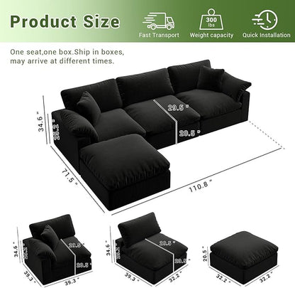Oversize Cloud Modular Sectional Sofa,110.8" L Shape 3 Seaters with Chaise Down Filled Comfort Sofa Detachable Couch Cushion Covers for Living Room,Black 1