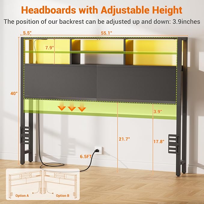 Aheaplus Headboard for Full Size Bed with Storage, Headboards with Outlets, USB Ports and LED Light, Full Size Head Board Only, Height Adjustable, Reversible, Sturdy and Stable Headboard, Black