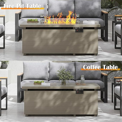 Sundale Outdoor 7 Pieces Patio Furniture Set with Fire Pit Table, L-Shaped Outdoor Sectional Sofa with 6 Inch Olefin Cushion, All-Weather Modern Metal Outdoor Conversation Sets (6 Seats,Green Frame)
