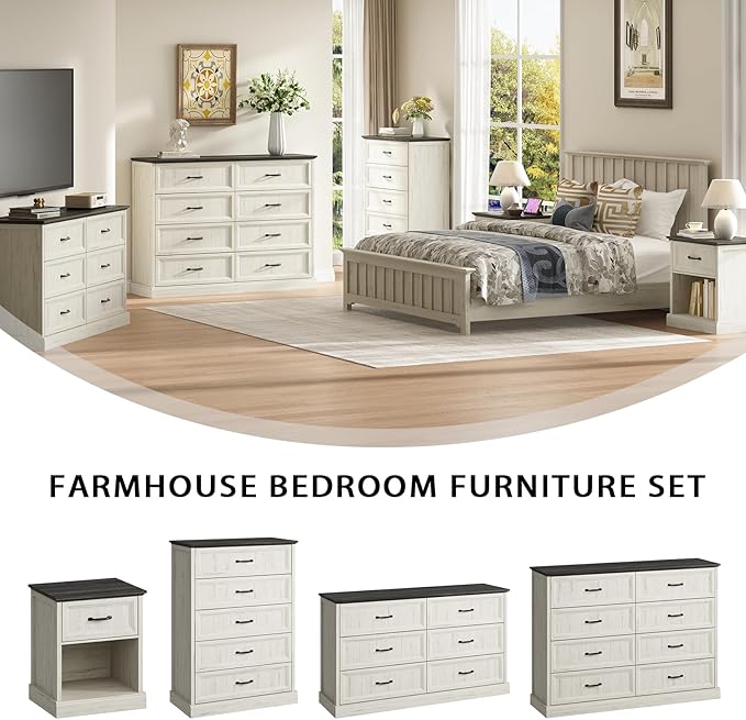 CARPETNAL Farmhouse 8 Drawer Dresser for Bedroom, 55 Inch Wide Modern White Dresser TV Stand with Large Drawers & Bar Handles, Rustic Wood Chest of Drawers for Bedroom, Living Room, Hallway, Entryway.