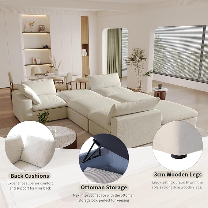 Cloud Couch Modular Sectional Sofa with Storage Ottomans,Oversized Down Filled 8 Seater Convertible Sectional Sofas, Khkai Wide Deep Seat Couch for Living Room,Covers Washable&Replaceable