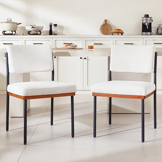 Modern Dining Chairs Set of 2,Kitchen Chairs with Thick Cushions and Adjustable Foot Pads, Upholstered Fabric Dining Room Chairs with Sturdy Metal Legs,White
