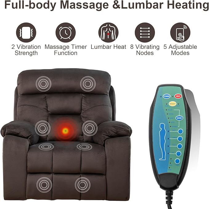 Oversized Lift Recliner Chairs for Elderly, 26in Extra Wide Power Chair with Massaga and Heating, Large Electric Lay Flat Recliners Sofa for Big and Tall Adult Lounging, Velvet Dark Brown