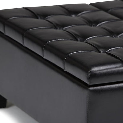 SIMPLIHOME Harrison 36 inch Wide Transitional Square Coffee Table Storage Ottoman in Midnight Black Vegan Faux Leather, Assembled, For the Living Room and Bedroom