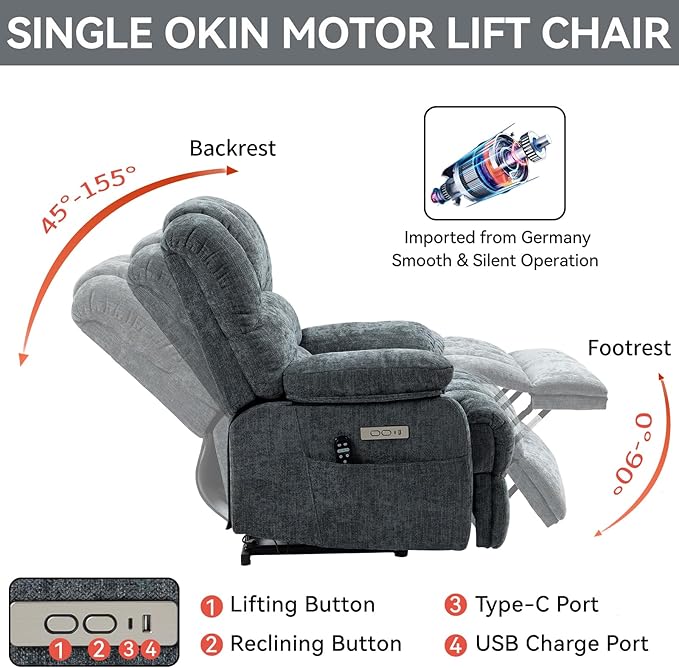 Power Lift Recliner Chair for Elderly with Heat Function, 8 Node Massage with 3 Selectable Modes, Oversized Electric Lift Recliner Single Sofa for Living Room with USB, Blue-Grey