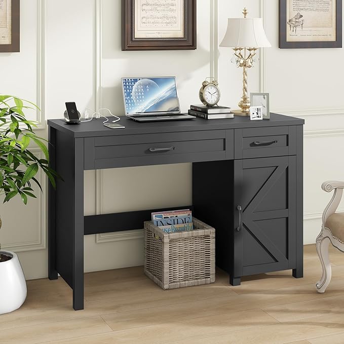 Vabches Farmhouse 47" Executive Desk, Computer Desk with Drawers and Storage Cabinet, Workstation for Home Office and Study.(Pure Black)
