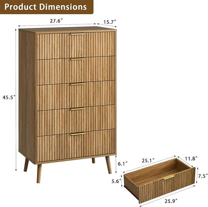 CARPETNAL Fluted 5 Drawers Dresser for Bedroom, 45" Tall Wooden Chest of Drawers with Rounded Corners, Gold Handles, Modern Storage Organizer for Bedroom, Hallway (Walnut)