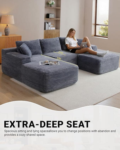 108 Inch Cloud Sectional Couch,Modern Modular Sectional Sofa with Deep Seat,Corduroy Boneless Couches with L-Shape Chaise for Living Room,No Assembly Required (Grey, Left Facing Chaise + Ottoman)