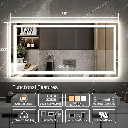 Backlit Bathroom Mirror, 55x30 Inch Gradient Front and Backlit Mirror, 3 Colors Dimmable CRI>90 Double Lights, IP54 Enhanced Anti-Fog, Hanging Plates Wall Mount LED Bathroom Mirror