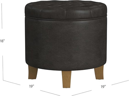 Homepop Home Decor | Upholstered Round Faux Leather Tufted Foot Rest Ottoman | Ottoman with Storage for Living Room & Bedroom | Decorative Home Furniture, Black Faux Leather