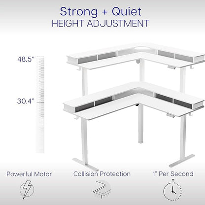 VIVO Electric 2-Tier Corner L-Shaped 63 x 55 inch Standing Desk, Height Adjustable, Memory Controller, White Top White Frame, Dark Gray Drawers, DESK-E3CVW