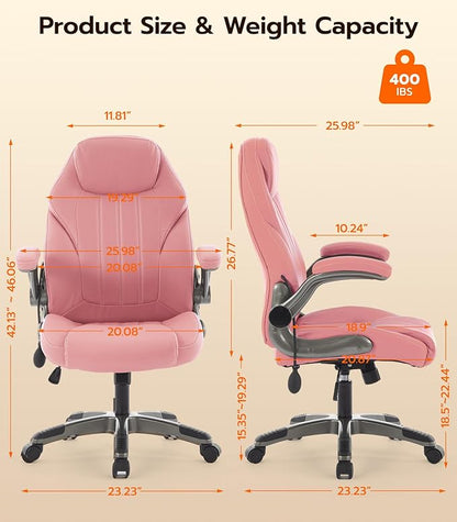 Office Desk Chair, Ergonomic Computer Chair with Padded Flip-Up Arms and Adjustable Lumbar Support, PU Leather Executive Chair with Tilt Lock and 360° Swivel Rolling Wheels for Work, Study