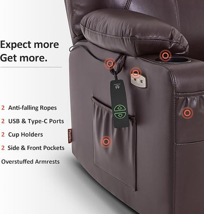 MCombo Oversized Power Lift Recliner Chair for Elderly, Lift Chair with Heat and Massage for Big and Tall, USB&Type C Ports, Cup Holders, Faux Leather R7510 (Dark Brown, Large-Wide)