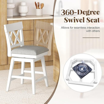 COSTWAY Bar Stool for Kitchen Island, 26" Counter Height Chair with Ergonomic Backrest, Foot Rest, Padded Seat & Solid Wood Structure, 360°Swivel Farmhouse Barstool with Back