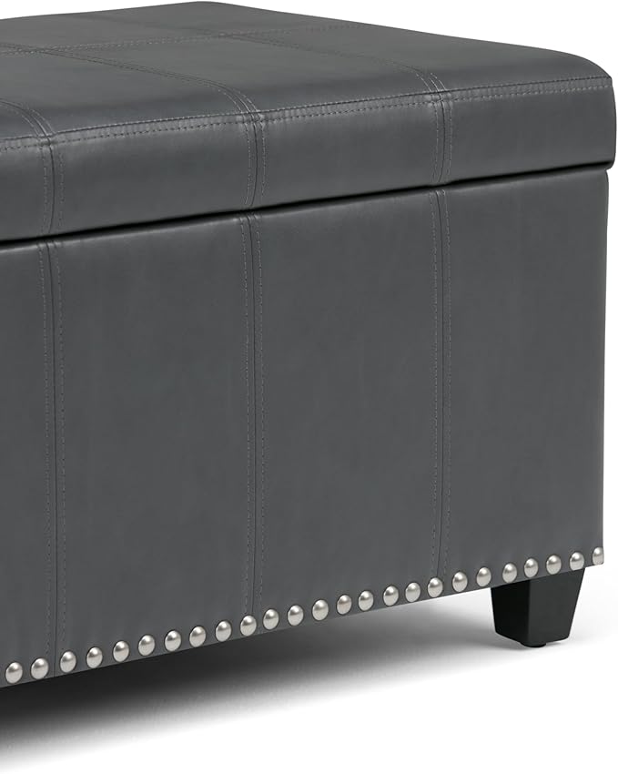 SIMPLIHOME Amelia 33 inch Wide Transitional Rectangle Storage Ottoman Bench in Stone Grey Vegan Faux Leather, Assembled, For the Living Room, Entryway and Family Room