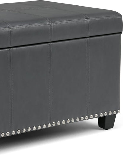 SIMPLIHOME Amelia 33 inch Wide Transitional Rectangle Storage Ottoman Bench in Stone Grey Vegan Faux Leather, Assembled, For the Living Room, Entryway and Family Room