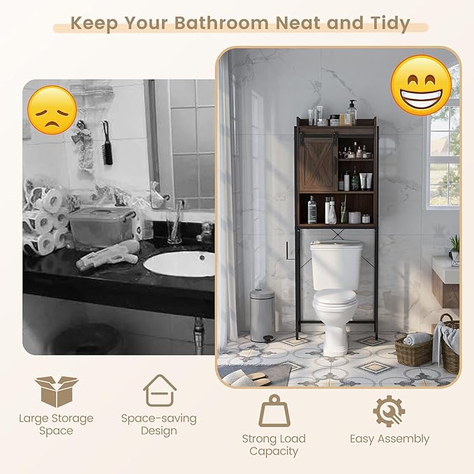 LOKO Over The Toilet Storage Cabinet, Freestanding Bathroom Space Saver with Adjustable Shelves & Sliding Barn Door, 4-Tier Over Toilet Bathroom Organizer, 25 x 9.5 x 67.5 inches (Espresso)