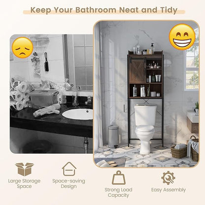 LOKO Over The Toilet Storage Cabinet, Freestanding Bathroom Space Saver with Adjustable Shelves & Sliding Barn Door, 4-Tier Over Toilet Bathroom Organizer, 25 x 9.5 x 67.5 inches (Espresso)