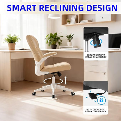 Ergonomic Desk Chair with Space Saving Flip-Up Arms, 360° Swivel & Reclining Back, High-Back Executive Chair in Soft Faux Leather for Office&Study (Khaki)
