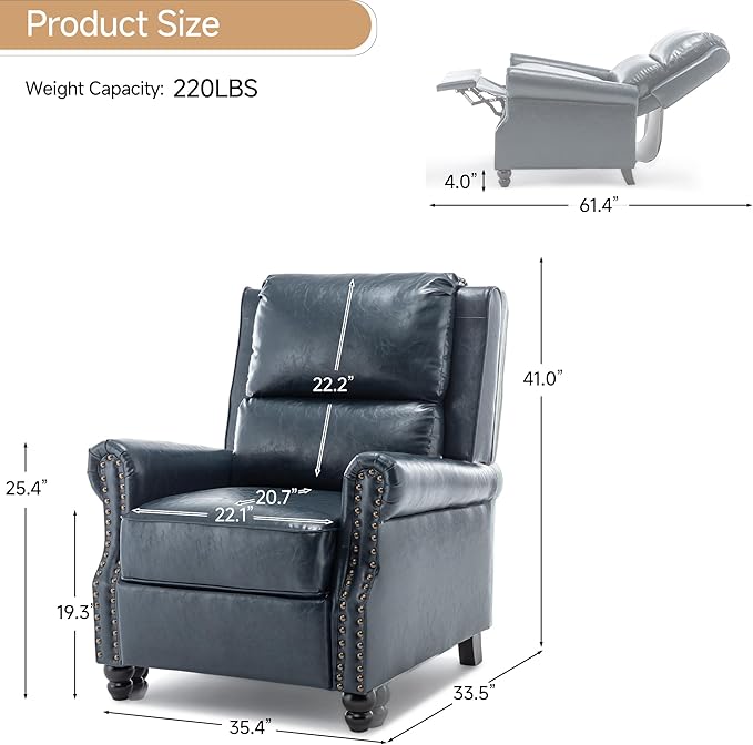 Lumibee Recliner Chair,Pushback Armchair for Small Spaces,Adjustable Backrest & Footrest Accent Chair in Comfy Fabric for Living Room, Bedroom-Navy Blue