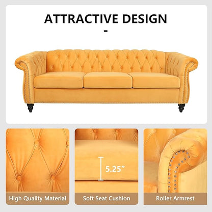 Velvet Sofa Couches Set, 3-Piece Mid Century Modern Upholstered Couch with Cushions, Home Sofa Sectional Furniture Sets, Comfy Tufted Chesterfield Couches for Living Room, Bedroom, Office
