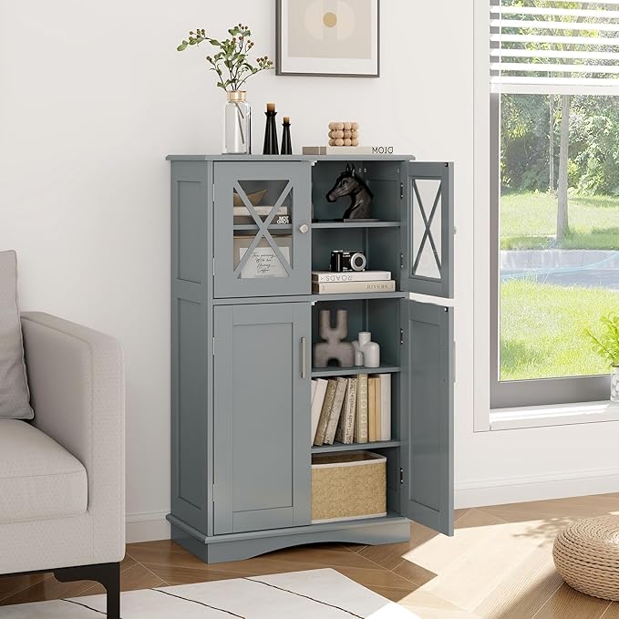Giantex Bathroom Floor Storage Cabinet - Linen Floor Cabinet with Doors and Adjustable Shelves, Freestanding Side Storage Organizer for Bathroom, Living Room, Entryway, Kitchen Storage Unit (Grey)