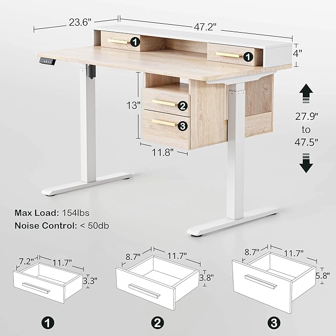 Standing Desk with 4 Drawers, 47.2 x 23.6 Inch Whole Piece Height Adjustable Electric Sit Stand Desk, Computer Home Office Workstation with Open Storage Shelf, Light Walnut